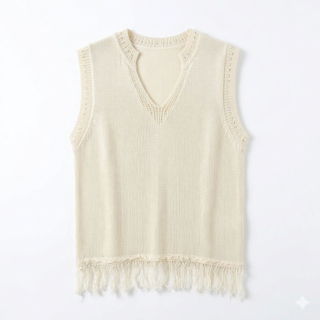 Casual V-Neck Fringed Knit Vest
